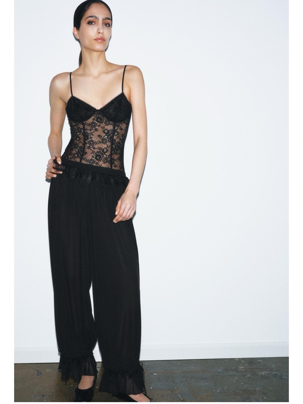 Zara black lace-trim pants